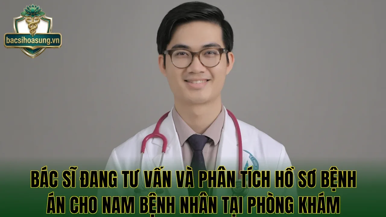 Bác sĩ đang tư vấn và phân tích hồ sơ bệnh án cho nam bệnh nhân tại phòng khám